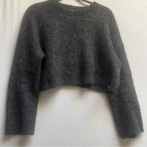 Babaton Fuzzy Merino Wool Cropped Crew Neck Sweater Black Grey Small